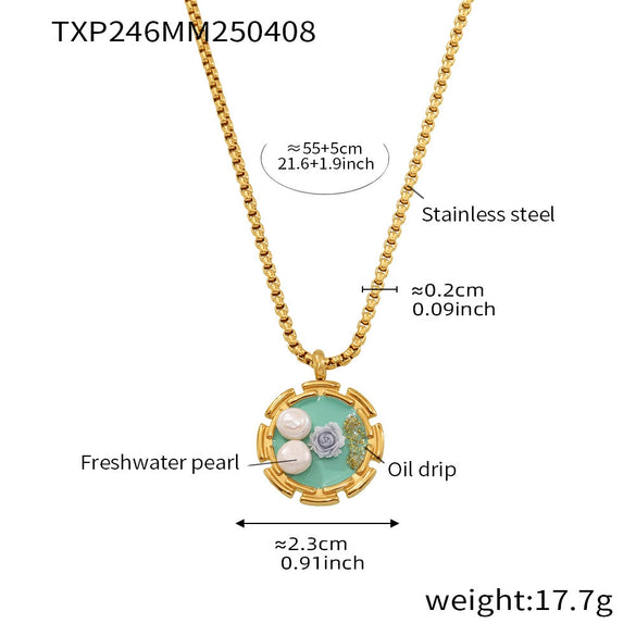 Women's Stainless Steel And Freshwater Pearl Clavicle Necklace And Open Ring Set With Enamel Glaze Rose Electroplated Snake Bone Chain