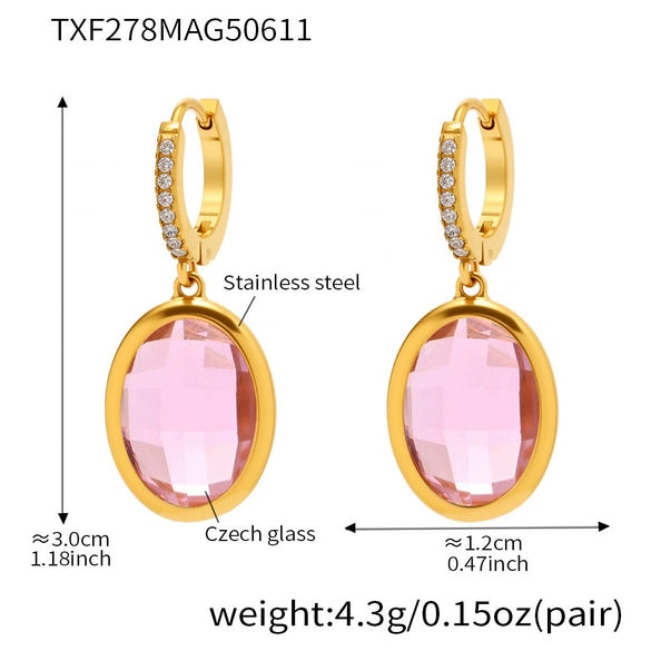 Women's Stainless Steel And Glass Geometric Patterned Edged Stone Pendant Earrings With Electroplating