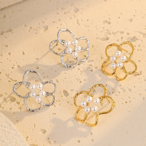 Women's Stainless Steel And 18K Gold Electroplated Hollow Flower Pearl Inlaid Earrings