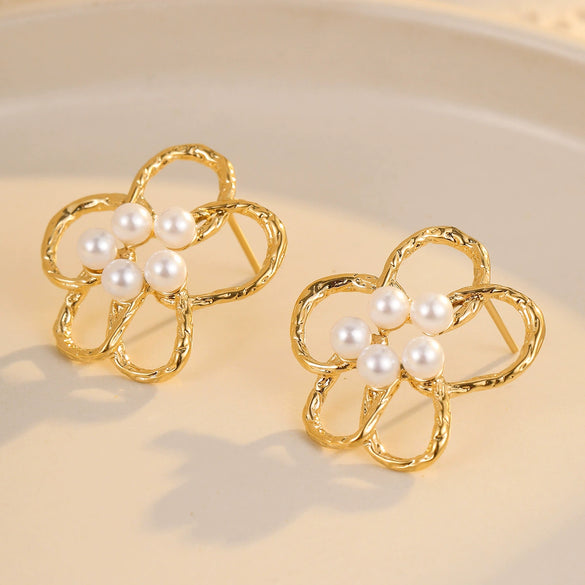 Women's Stainless Steel And 18K Gold Electroplated Hollow Flower Pearl Inlaid Earrings