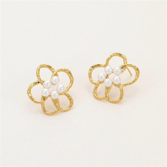 Women's Stainless Steel And 18K Gold Electroplated Hollow Flower Pearl Inlaid Earrings