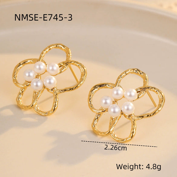 Women's Stainless Steel And 18K Gold Electroplated Hollow Flower Pearl Inlaid Earrings