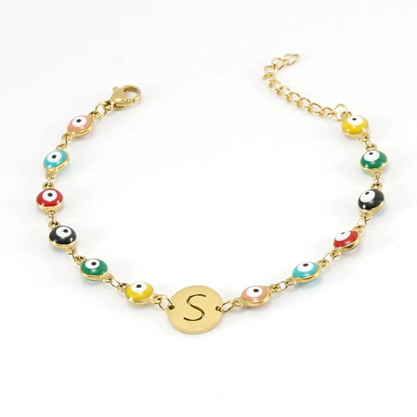 Women's Stainless Steel And 18K Gold Plated Letter Evil Eye Dripping Oil Bracelet