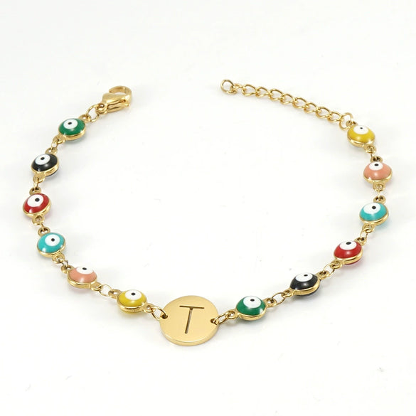 Women's Stainless Steel And 18K Gold Plated Letter Evil Eye Dripping Oil Bracelet
