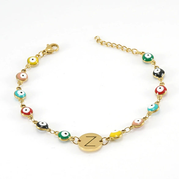 Women's Stainless Steel And 18K Gold Plated Letter Evil Eye Dripping Oil Bracelet