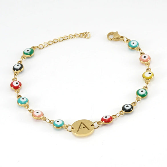 Women's Stainless Steel And 18K Gold Plated Letter Evil Eye Dripping Oil Bracelet