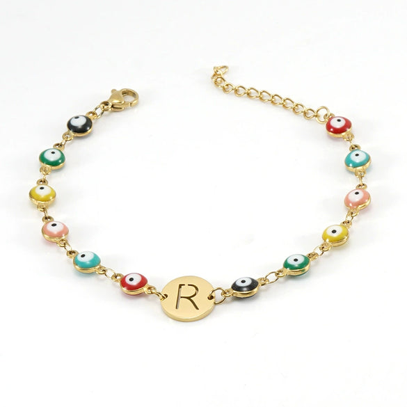 Women's Stainless Steel And 18K Gold Plated Letter Evil Eye Dripping Oil Bracelet