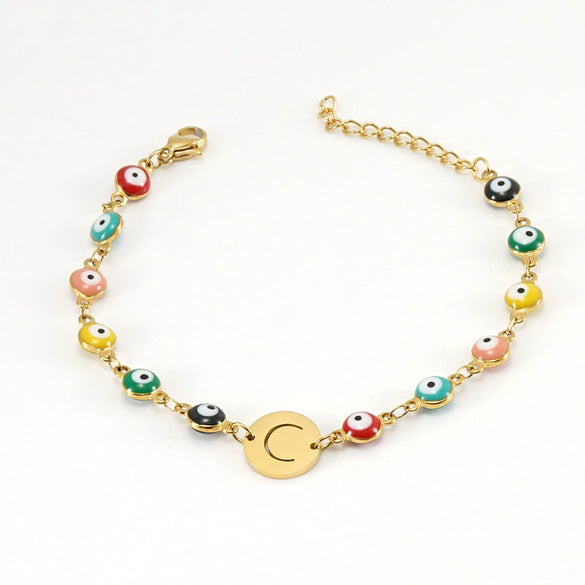 Women's Stainless Steel And 18K Gold Plated Letter Evil Eye Dripping Oil Bracelet