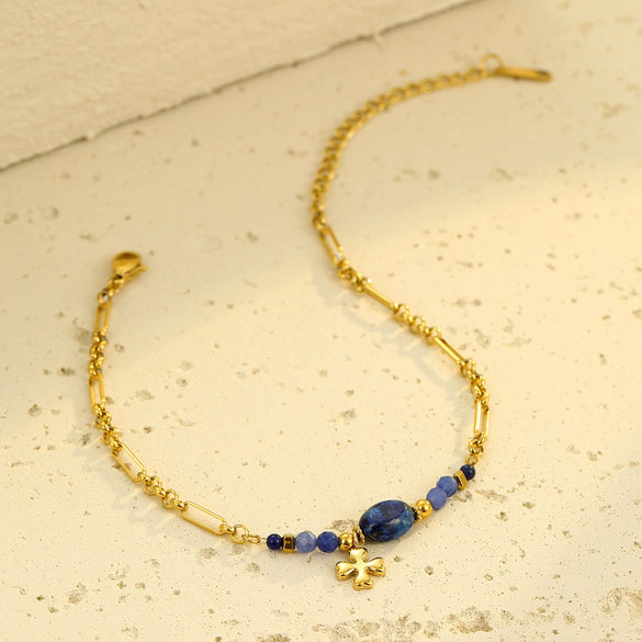 Women's Stainless Steel And Lapis Lazuli Fourleaf Clover Pendant Bracelet Jewelry With Electroplating Light Luxury Highend Style