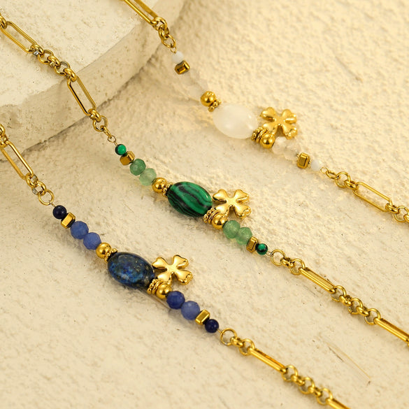 Women's Stainless Steel And Lapis Lazuli Fourleaf Clover Pendant Bracelet Jewelry With Electroplating Light Luxury Highend Style