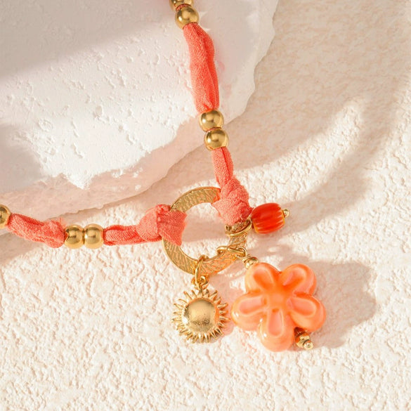 Women's Stainless Steel And Liuli Jewelry With Flower And Geometric Pattern Electroplated Woven Rope Gradient Star Bracelet And Necklace