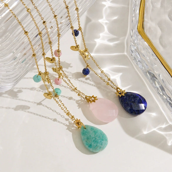 Women's Stainless Steel And Natural Stone Geometric Water Drop Pendant Necklace Set With Gemstones