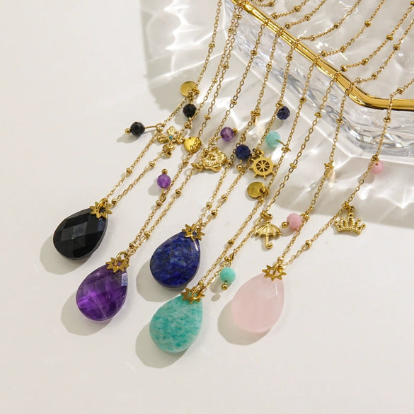 Women's Stainless Steel And Natural Stone Geometric Water Drop Pendant Necklace Set With Gemstones