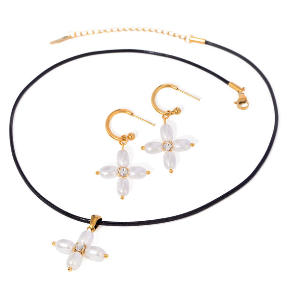 Women's Stainless Steel And Pearl Geometric Cshaped And Crossshaped Electroplated Earrings And Necklace