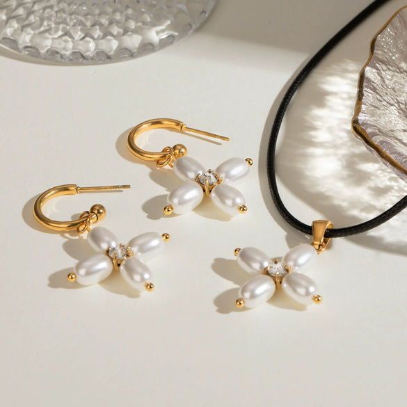 Women's Stainless Steel And Pearl Geometric Cshaped And Crossshaped Electroplated Earrings And Necklace