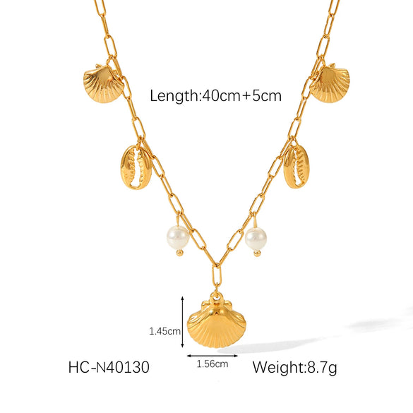 Women's Stainless Steel And Titanium Steel Beach Ocean Wind Pendant Necklace With Starfish Conch Shell Design And Electroplating