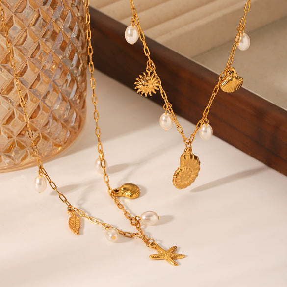 Women's Stainless Steel And Titanium Steel Beach Ocean Wind Pendant Necklace With Starfish Conch Shell Design And Electroplating