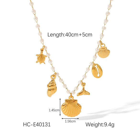 Women's Stainless Steel And Titanium Steel Beach Ocean Wind Pendant Necklace With Starfish Conch Shell Design And Electroplating