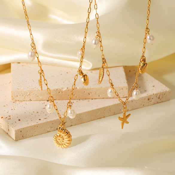 Women's Stainless Steel And Titanium Steel Beach Ocean Wind Pendant Necklace With Starfish Conch Shell Design And Electroplating