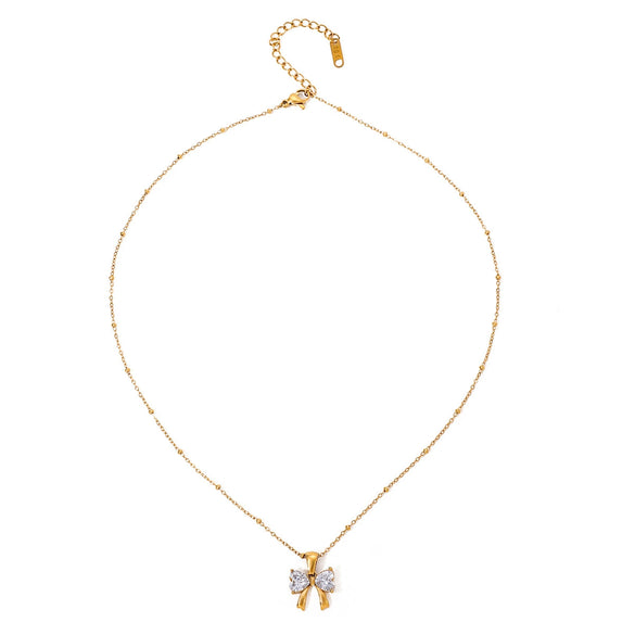 Women's Stainless Steel And Titanium Steel Bow Inlaid Zircon Pendant Necklace With Electroplating