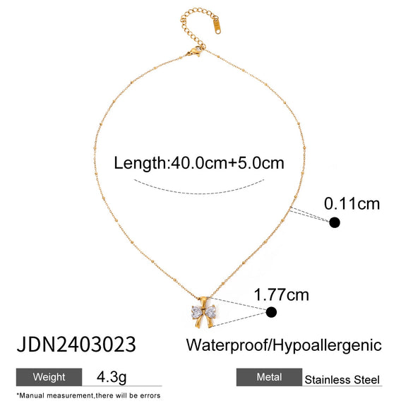 Women's Stainless Steel And Titanium Steel Bow White Zircon Pendant Necklace With Electroplating