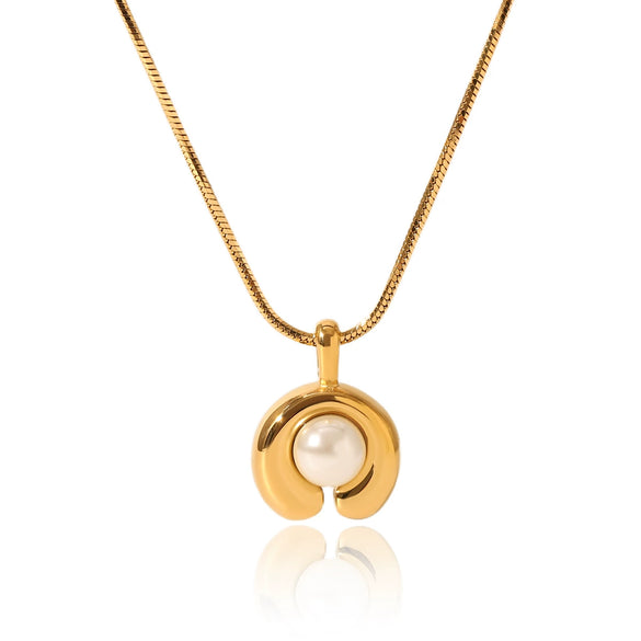 Women's Stainless Steel And Titanium Steel Cshaped Pendant Necklace Inlaid With Pearl Geometric Style Electroplated