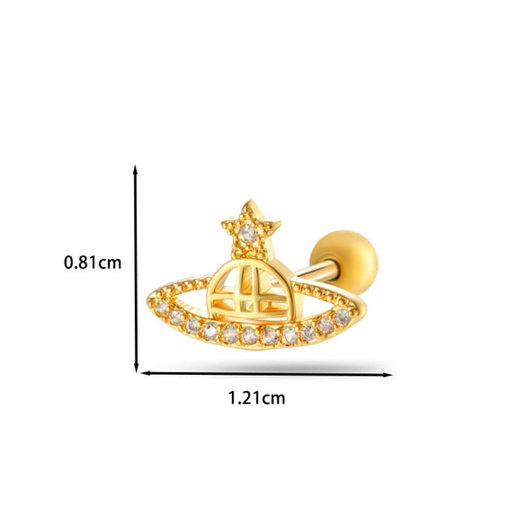 Women's Stainless Steel And Titanium Steel Ear Studs With Color Zircon Flower Planet Moon Design And Geometric Pattern Electroplated