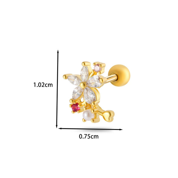 Women's Stainless Steel And Titanium Steel Ear Studs With Color Zircon Flower Planet Moon Design And Geometric Pattern Electroplated