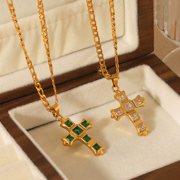 Women's Stainless Steel And Titanium Steel Figaro Chain Inlaid Zircon Geometric Cross Pendant Necklace