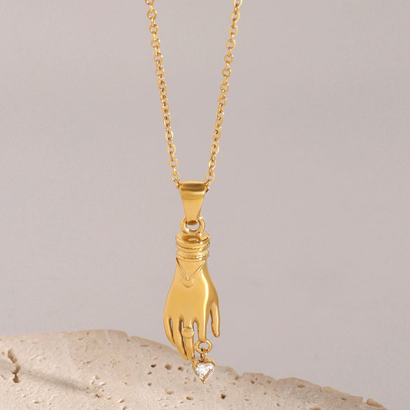 Women's Stainless Steel And Titanium Steel Geometric Hand Pendant Necklace With Electroplating And White Zircon