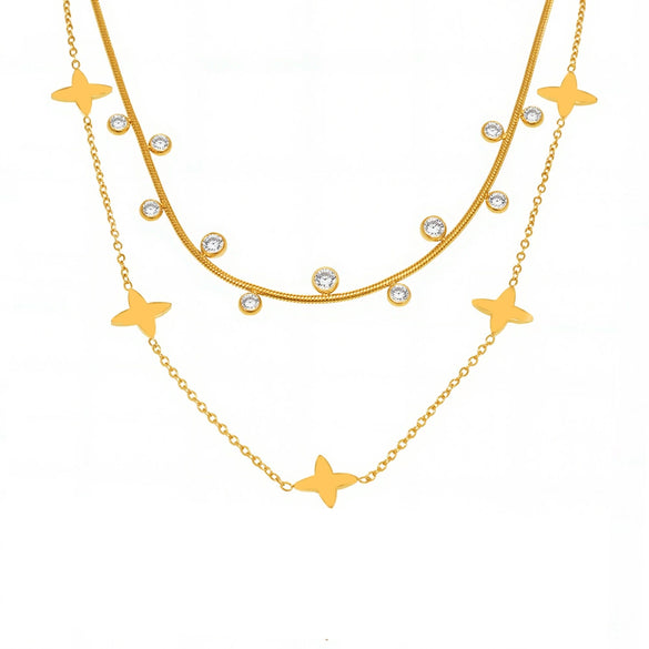 Women's 316L Stainless Steel And 316L Stainless Steel Geometric Pattern Electroplated Round Bead Zircon Stacked Four Leaf Flower Clavicle Necklace