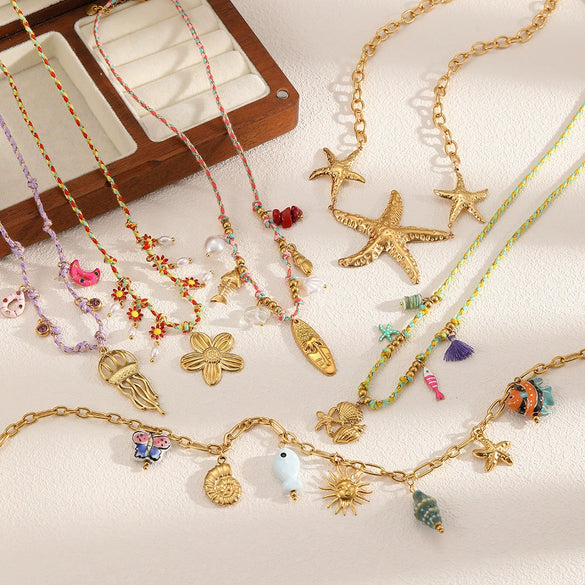 Women's Stainless Steel And Titanium Steel Marine Style Necklace With Animal Zodiac And Flower Pendant Electroplated O Word Chain