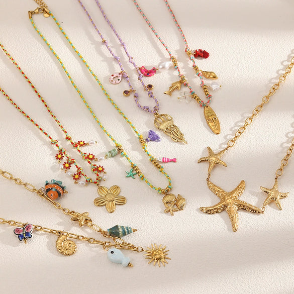 Women's Stainless Steel And Titanium Steel Marine Style Necklace With Animal Zodiac And Flower Pendant Electroplated O Word Chain