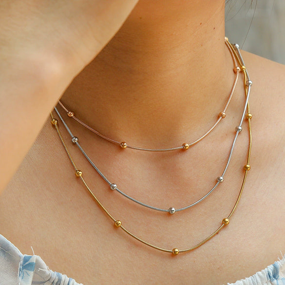 Women's Stainless Steel And Titanium Steel Multilayer Stitching Contrast Color Round Bead Necklace With U Shape Pattern And Electroplating Treatment