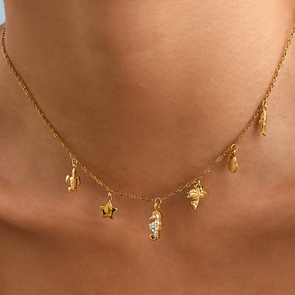 Women's Stainless Steel And Titanium Steel Necklace And Bracelet With Marine Life Pattern And Electroplating Design