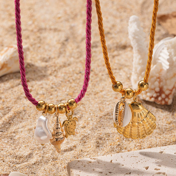 Women's Stainless Steel And Titanium Steel Ocean Element Shell Colorful Rope Pendant Necklace With Animal And Zodiac Shapes And Electroplating Design Jewelry