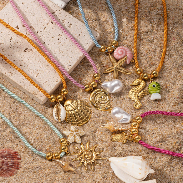 Women's Stainless Steel And Titanium Steel Ocean Element Shell Colorful Rope Pendant Necklace With Animal And Zodiac Shapes And Electroplating Design Jewelry