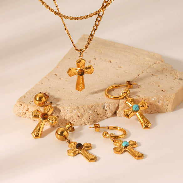 Women's Stainless Steel And Titanium Steel Twist Chain Double Layer Necklace With Cross Pendant And Geometric Pattern Inlaid With Tiger Eye Stone And Turquoise Earrings