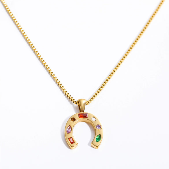Women's Stainless Steel And Titanium Steel U Shaped Geometric Kaleidoscope Lucky Symbol Inlaid Zirconium Necklace With Furnace Vacuum Plating And Color Preservation