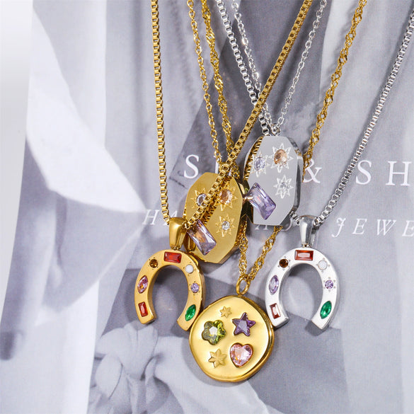 Women's Stainless Steel And Titanium Steel Ushaped Geometric Kaleidoscope Lucky Symbol Inlaid Zirconium Necklace With Vacuum Plating
