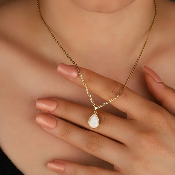 Women's Stainless Steel And Titanium Steel Water Drop Pendant Necklace With Imitation Opal Stone Geometric Style Electroplated