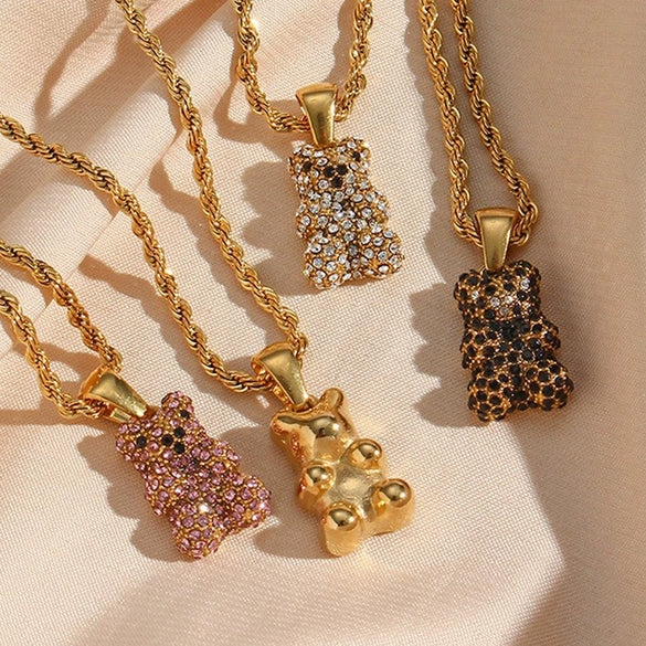 Women's Stainless Steel Animal Bear Pendant Twist Chain Necklace With Geometric Style And 18K Gold Plated Electroplating