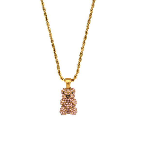 Women's Stainless Steel Animal Bear Pendant Twist Chain Necklace With Geometric Style And 18K Gold Plated Electroplating
