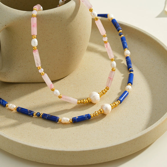 Women's Stainless Steel Bamboo Bead And Pearl Inlaid Geometric Necklace With 18K Gold Vacuum Plating