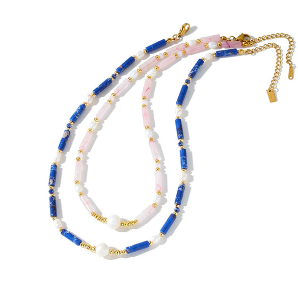 Women's Stainless Steel Bamboo Bead And Pearl Inlaid Geometric Necklace With 18K Gold Vacuum Plating