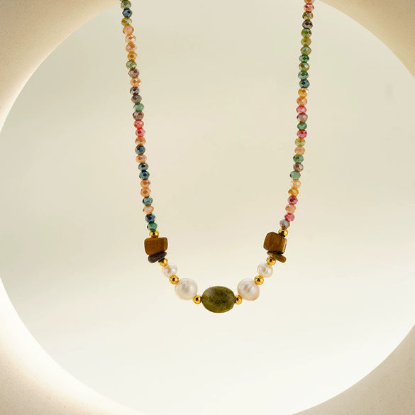 Women's Stainless Steel Beaded Collarbone Necklace With Natural Stone Pearls And Geometric Vacuum Electroplated Design