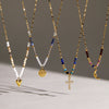 Women's Stainless Steel Beaded Cross Necklace With Natural Tiger Eye Stone Pendant And Geometric Pvd Gold Plated Chain