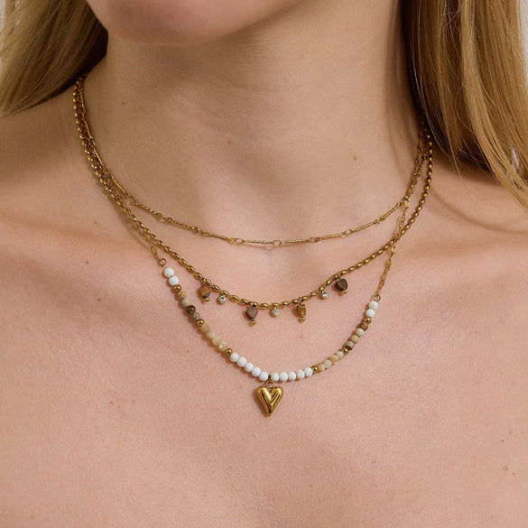 Women's Stainless Steel Beaded Cross Necklace With Natural Tiger Eye Stone Pendant And Geometric Pvd Gold Plated Chain