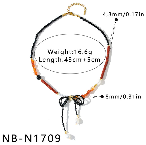 Women's Stainless Steel Beaded Necklace With Bow Knot Pearl And Acrylic Geometric Design 18K Vacuum Plated Light Luxury Jewelry