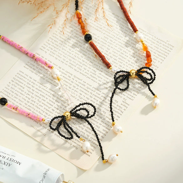 Women's Stainless Steel Beaded Necklace With Bow Knot Pearl And Acrylic Geometric Design 18K Vacuum Plated Light Luxury Jewelry
